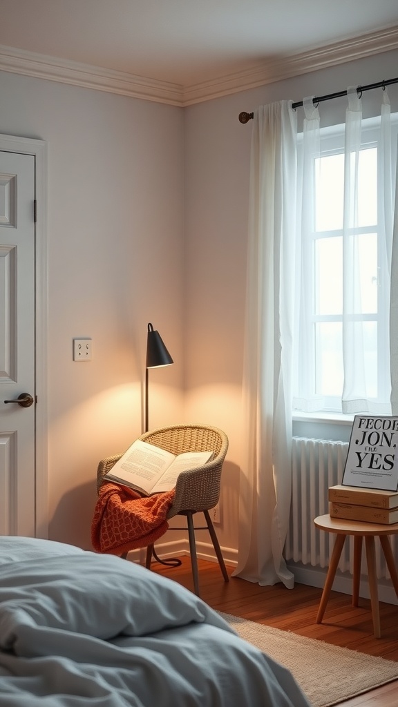 Cozy reading nook with a chair, blanket, lamp, and a book in a minimalist bedroom