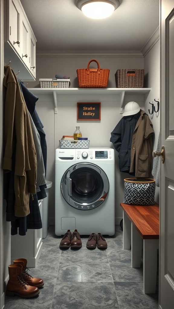 A small laundry room with a washer, storage shelves, and hooks for coats