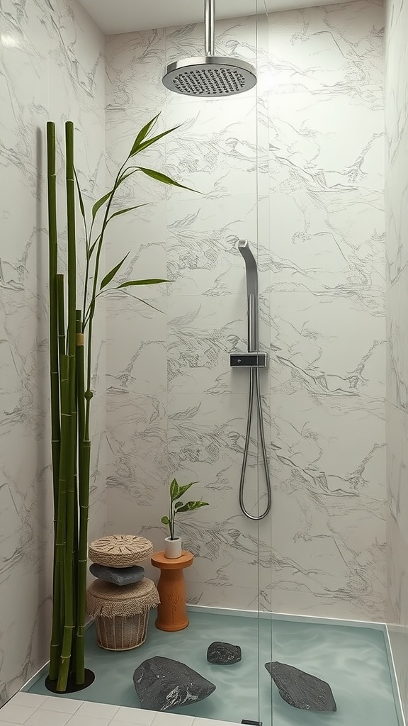 A serene bathroom shower environment featuring bamboo plants, smooth stones, and a sleek showerhead.