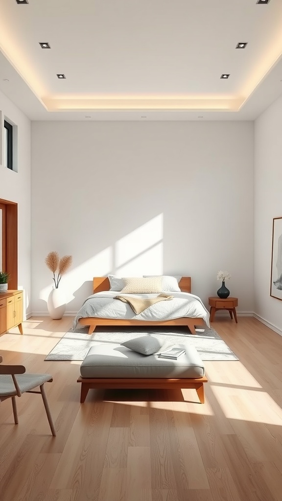 A bright minimalist bedroom with a spacious layout, featuring a wooden bed, light decor, and natural lighting.