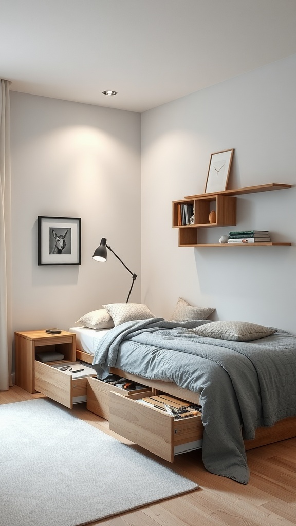 Cozy minimalist bedroom with built-in storage solutions featuring a bed with drawers and floating shelves.