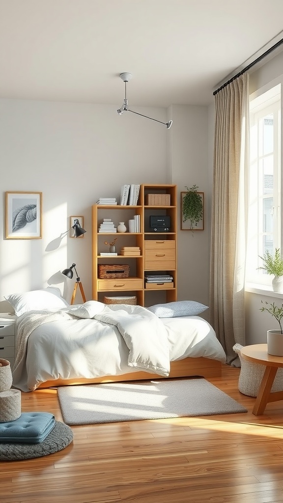 A bright and organized minimalist bedroom with warm wooden furniture, a cozy bed, and soft textures.