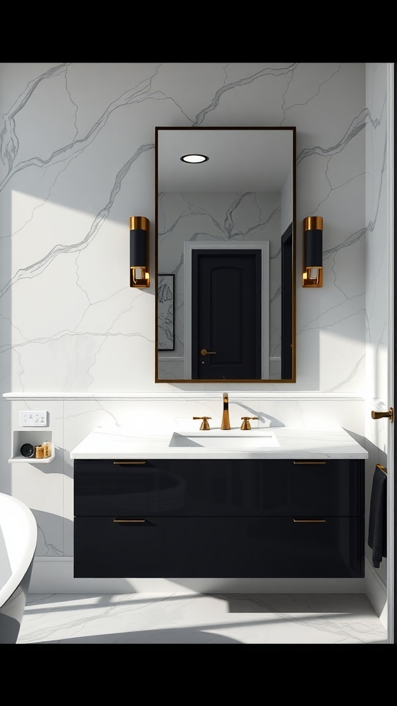 A modern black vanity in a stylish bathroom with white marble walls and gold accents.