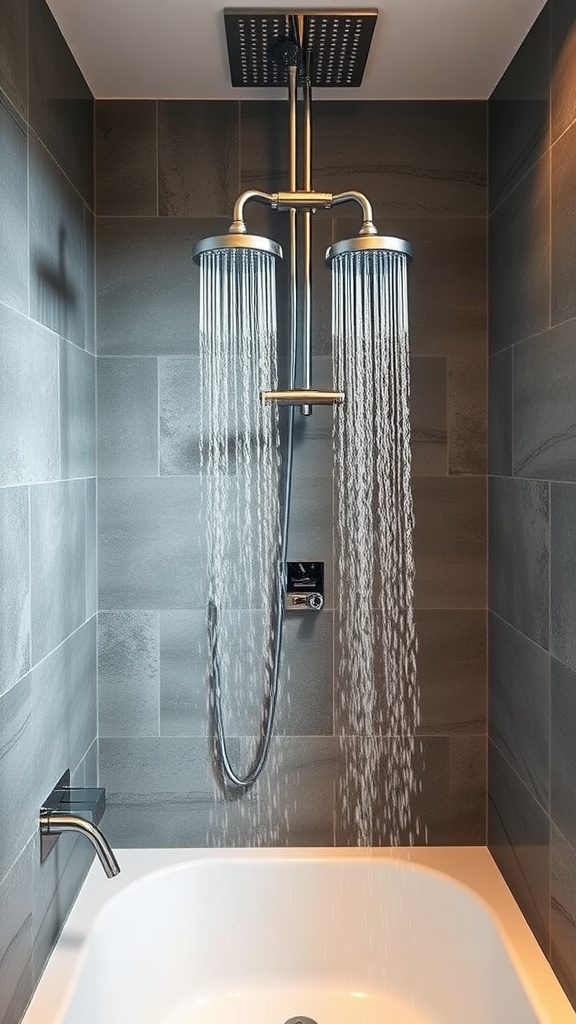 Modern bathroom with dual shower heads and elegant tile work.
