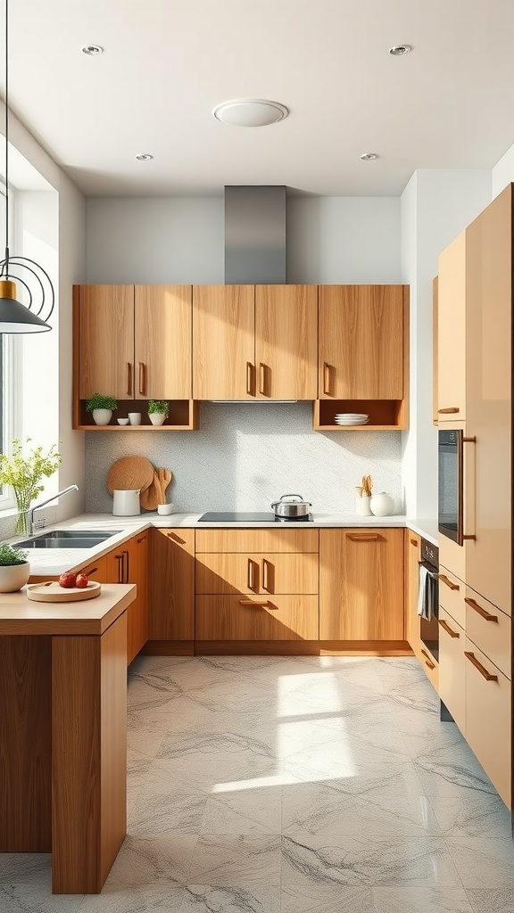 A modern kitchen featuring eco-friendly wooden cabinets in a warm tone, showcasing a sleek and stylish design.