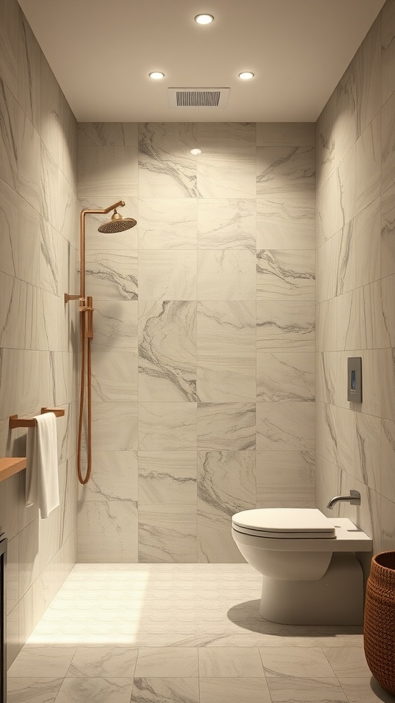 Modern eco-friendly shower with large tiles and minimalist design.