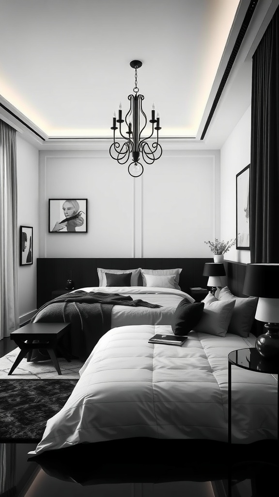 A stylish monochrome bedroom featuring a firm mattress, soft mattress cover, textured rugs, and elegant decor.