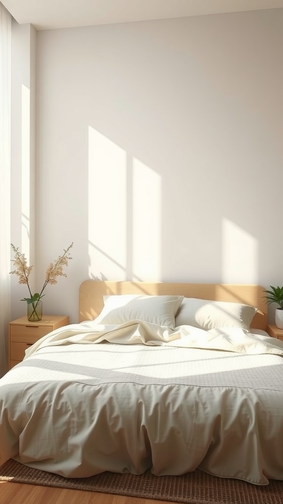 A cozy minimalist bedroom featuring a light beige color palette, natural sunlight, and simple decor.