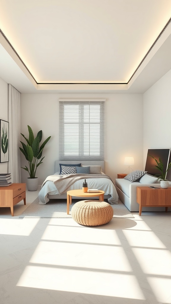 A modern minimalist bedroom with natural light, plants, and simple furniture