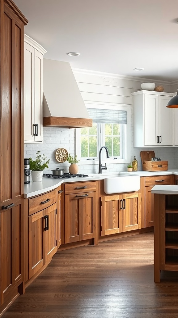 A modern farmhouse-inspired kitchen showcasing wooden cabinets and a cozy atmosphere.