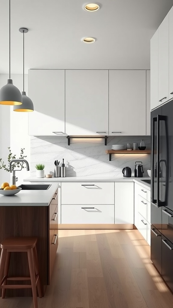 A modern kitchen featuring floating cabinets and a low cabinet design with a wood island.