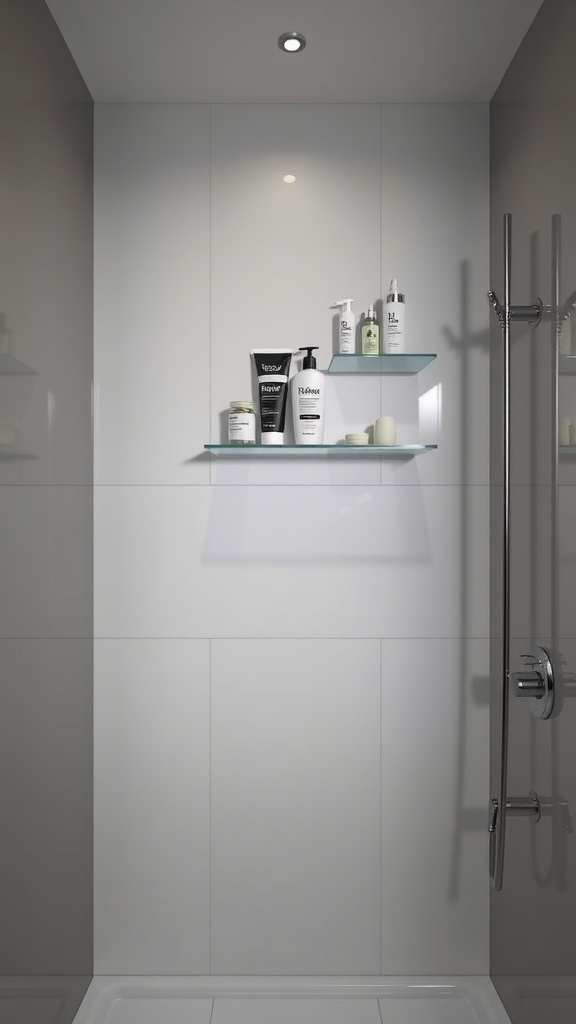 Modern bathroom shower with floating glass shelves displaying various shower essentials.