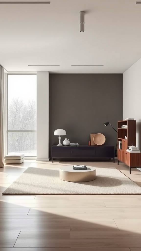A minimalist bedroom featuring a modern design with clean lines and simple shapes.