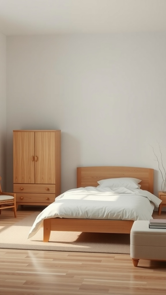 A minimalist bedroom with wooden furniture, including a bed, wardrobe, and chair, featuring a simple and clean design.