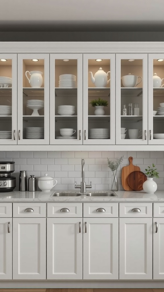 Modern kitchen with glass-front cabinets showcasing white dishes and a teapot.