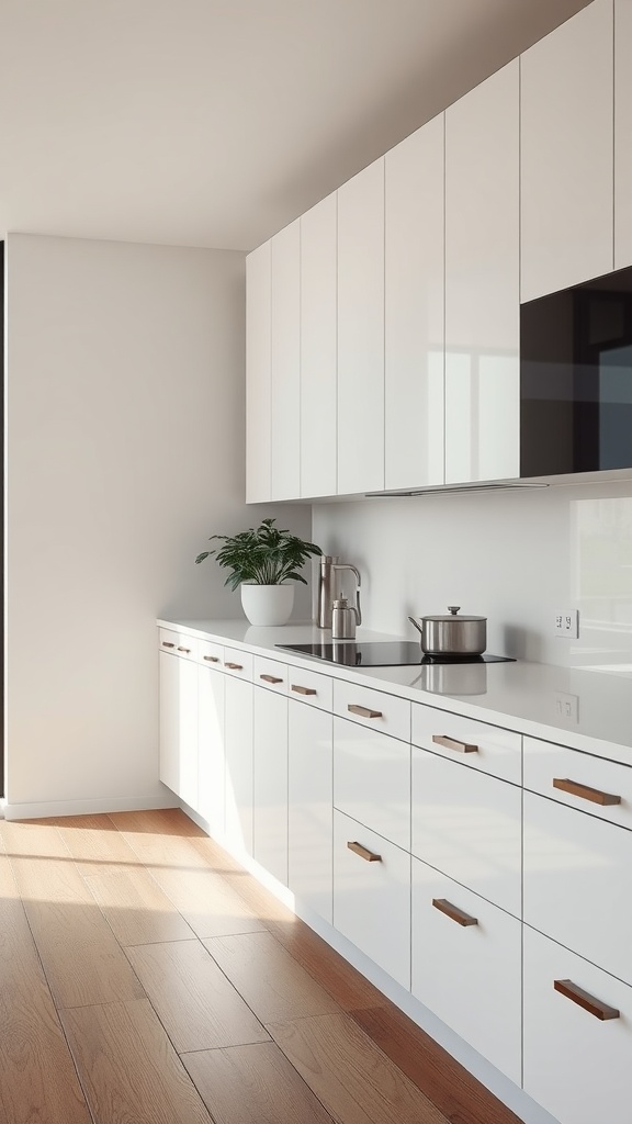 A modern kitchen featuring handleless cabinets with a sleek design and a minimalist aesthetic.