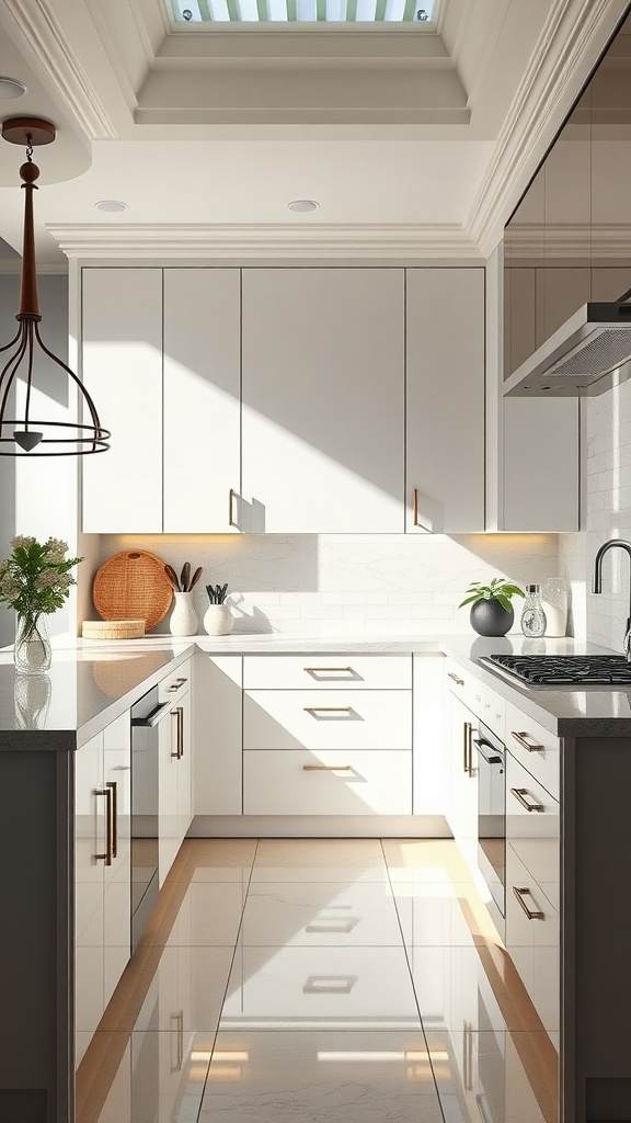 Modern kitchen with high-gloss white cabinets and gold hardware.