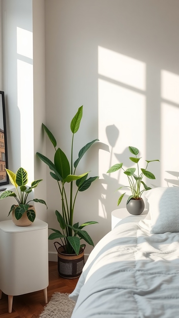 Minimalist bedroom with greenery, showcasing plants near a bed and window.