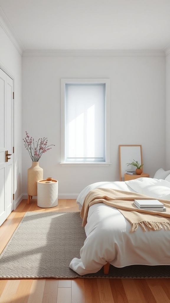 A minimalist bedroom featuring a cozy bed, soft neutral rug, and simple decor.