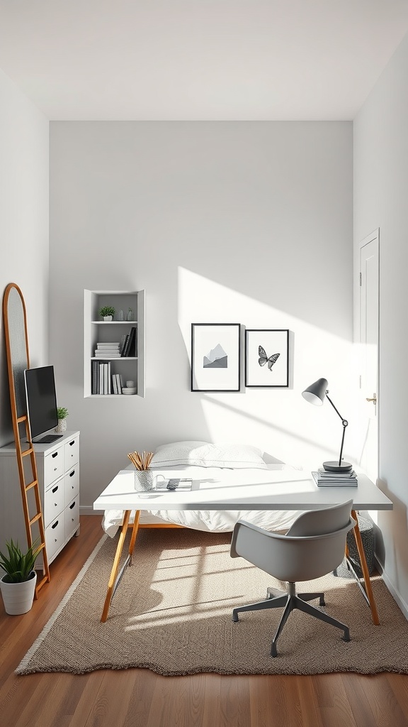 A minimalist bedroom with a workspace area, featuring a desk and bed in a bright, clean setting.