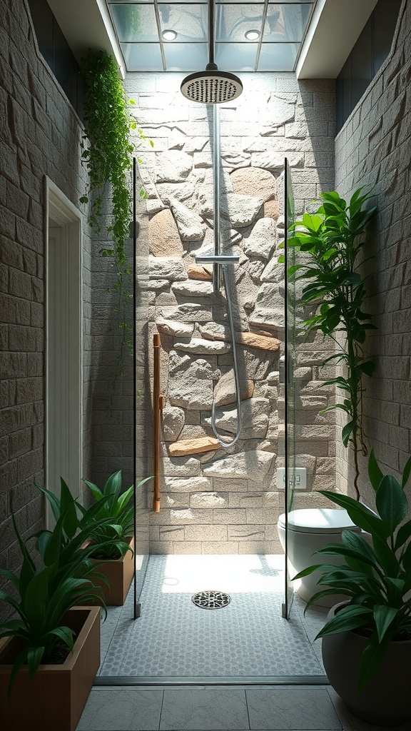 A modern bathroom shower with a natural stone wall, glass enclosure, and plants.
