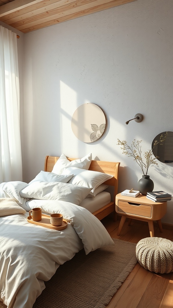 A cozy minimalist bedroom featuring a wooden bed, soft linens, and a neutral color palette