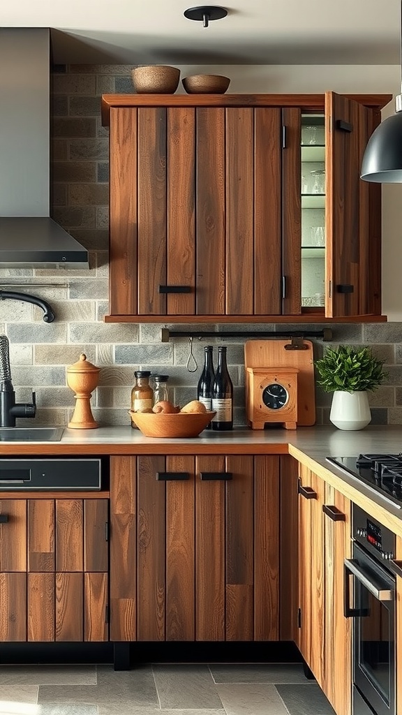Industrial style kitchen with wooden cabinets, modern appliances, and a sleek design.