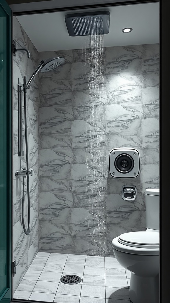 Modern bathroom shower with waterproof speaker and stylish design.