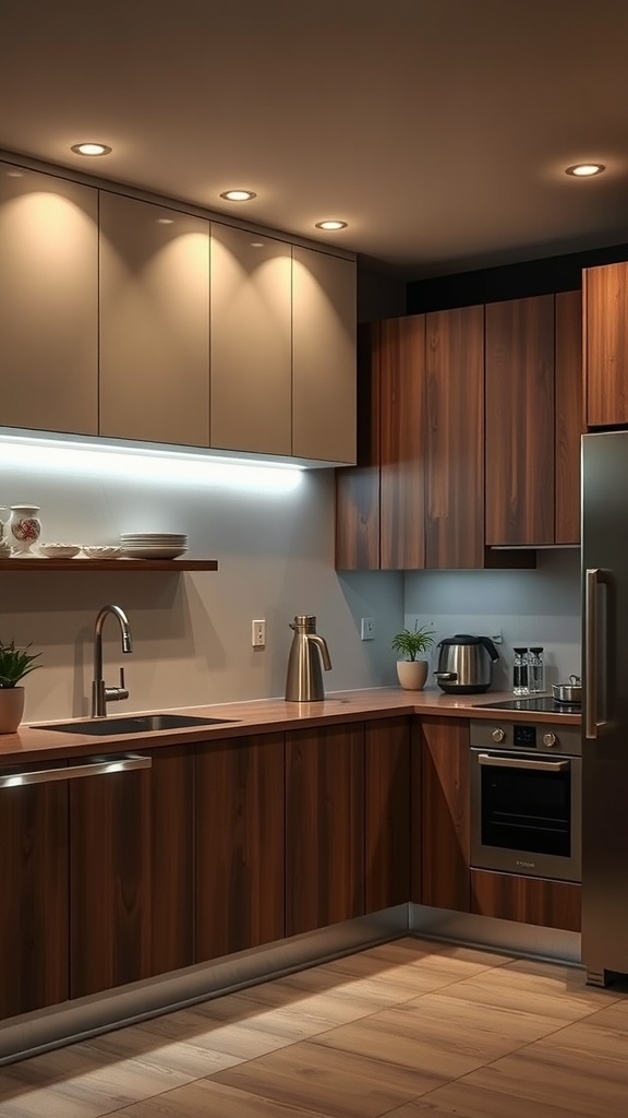 A modern kitchen featuring integrated lighting in cabinet design, highlighting sleek cabinetry.