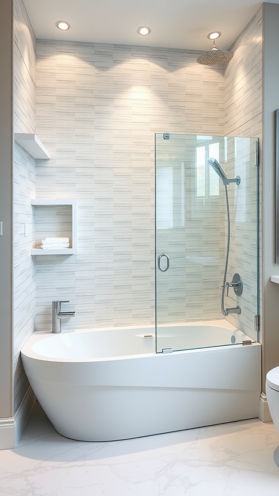 A modern bathroom featuring a bathtub and walk-in shower combination with a glass panel.
