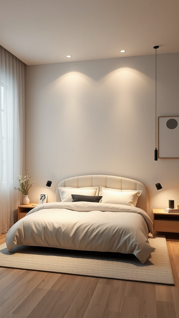 A modern minimalist bedroom interior showcasing a cozy bed, soft lighting, and a clean aesthetic.