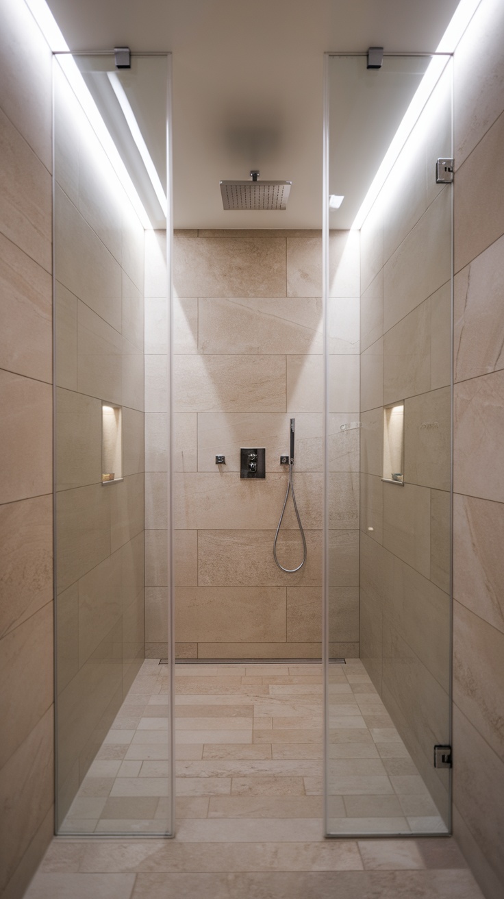 Modern shower with overhead lighting and elegant fixtures