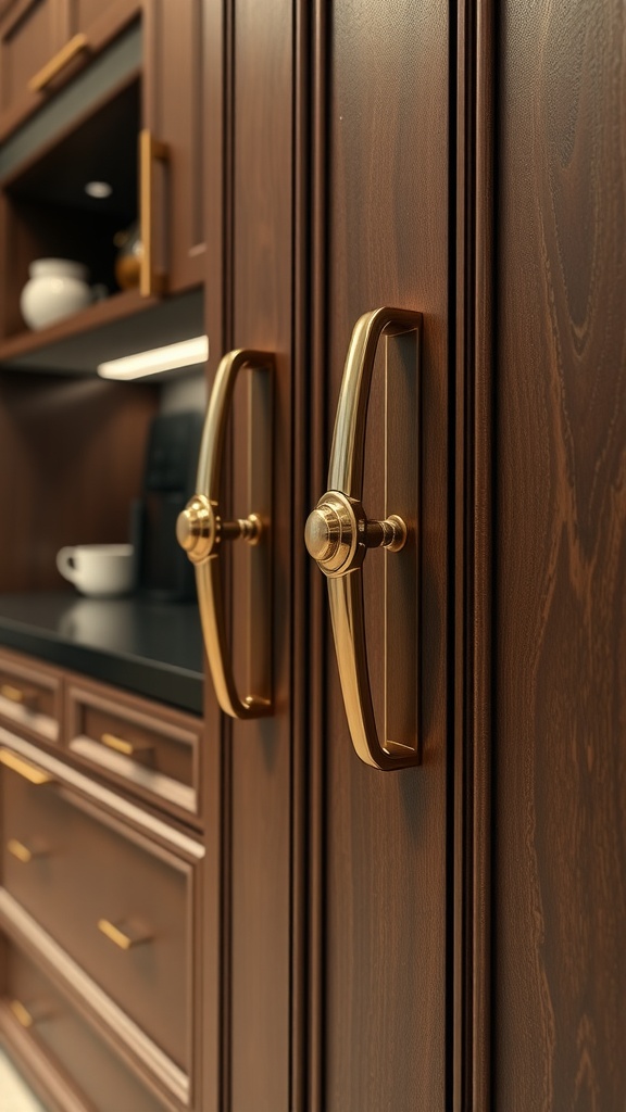 Close-up of luxurious golden handles on modern kitchen cabinets