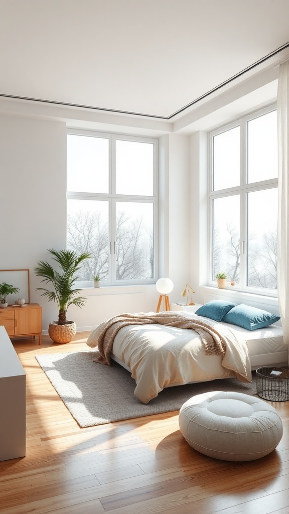 A cozy minimalist bedroom with large windows, a soft bed, and natural light filling the space.