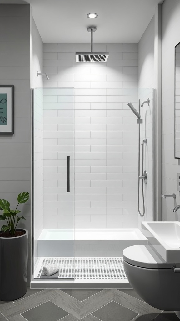 A minimalist shower design featuring a glass enclosure, white tiles, and modern fixtures.