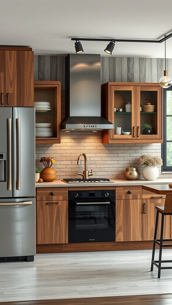 Modern kitchen with wood cabinets and sleek appliances