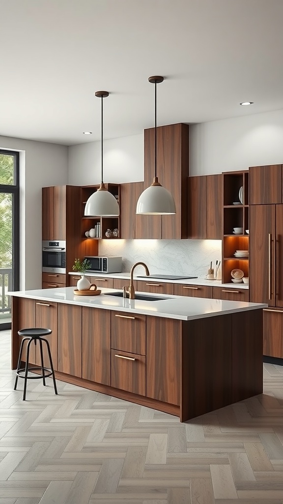 Modern kitchen featuring multi-functional island cabinets with a sleek design and warm wood tones.