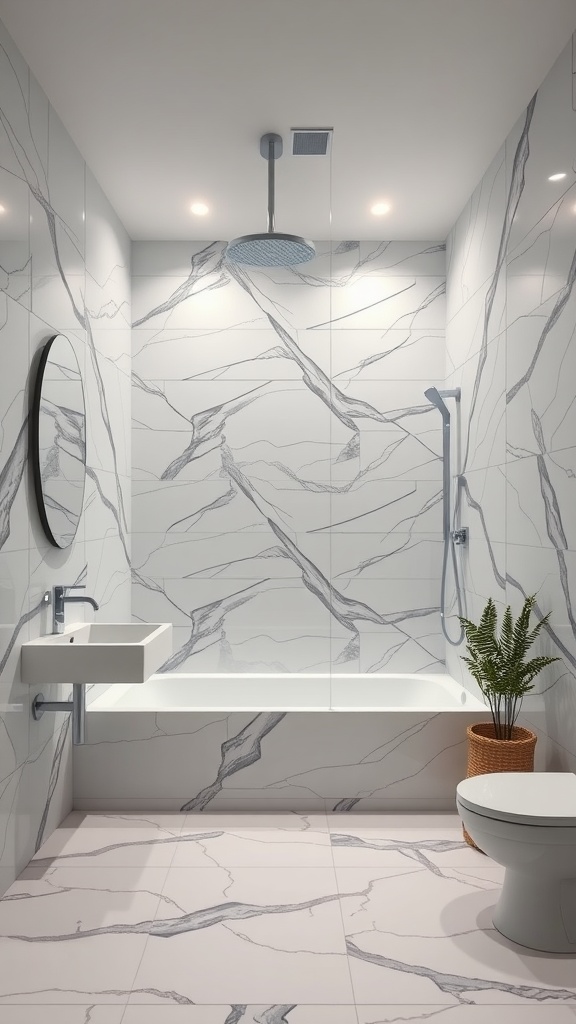 Modern open concept shower design with large tiles and a seamless bathtub.