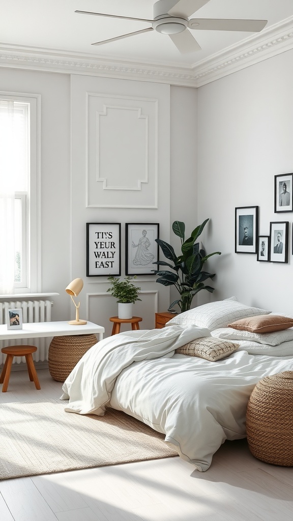 A minimalist bedroom featuring a bed with light bedding, framed artwork on the walls, a plant, and simple furniture.