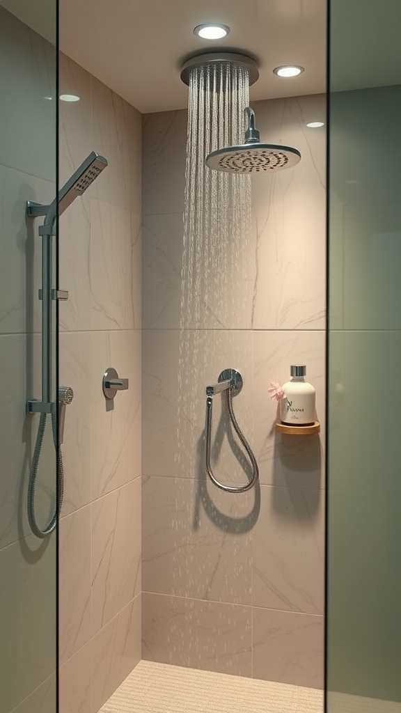 A modern shower with a rainfall shower head, handheld shower, and calming ambiance.