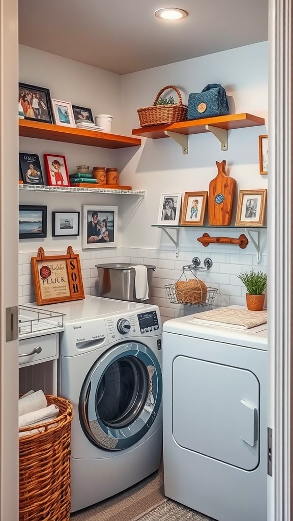 A small stylish laundry room featuring decorative accents like framed photos on shelves, a wicker basket, and a plant.