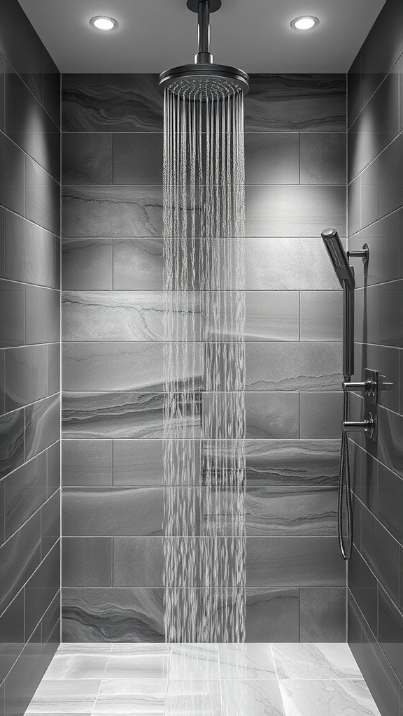 Modern bathroom with a rainfall shower head and gray tiles.