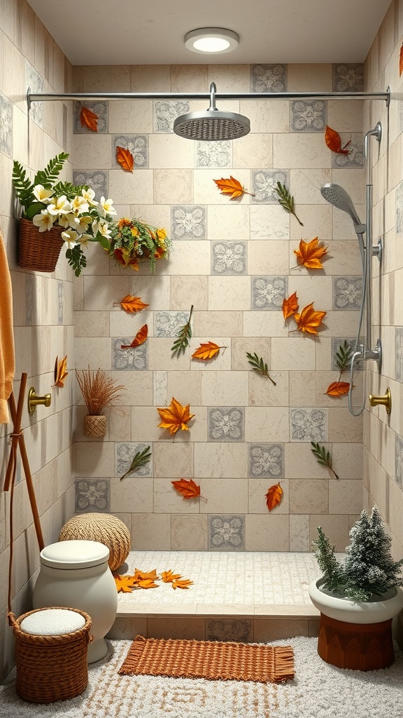 A cozy shower decorated with autumn leaves and plants, creating a warm atmosphere.