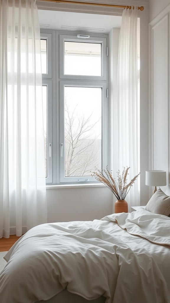 A minimalist bedroom featuring light sheer curtains, a cozy bed, and a modern aesthetic.