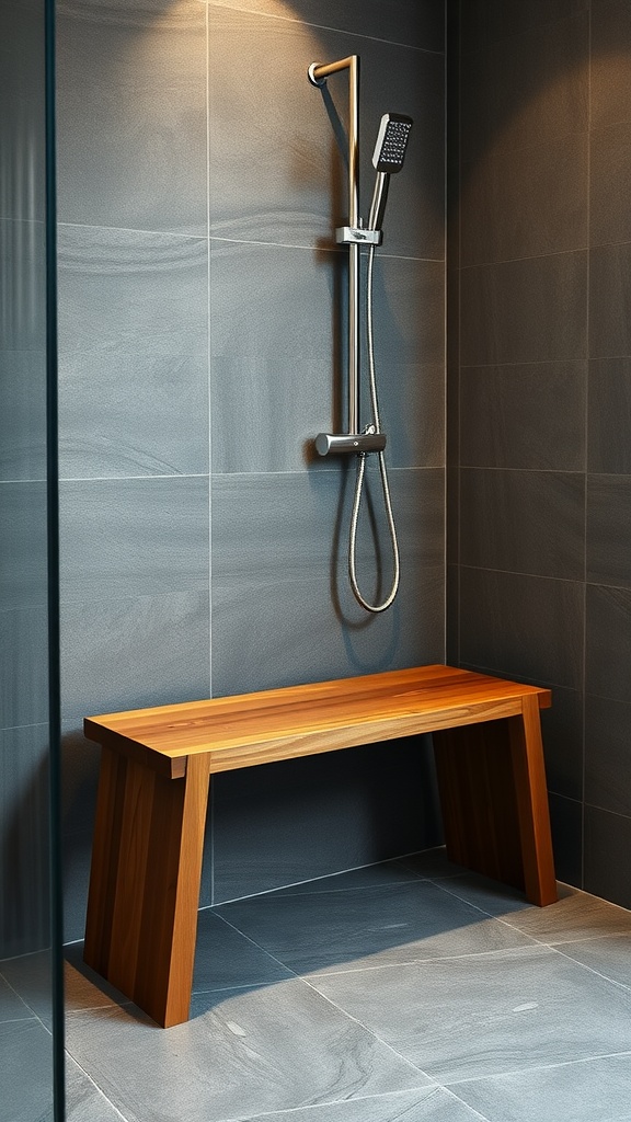 A wooden shower bench in a modern tiled shower space.