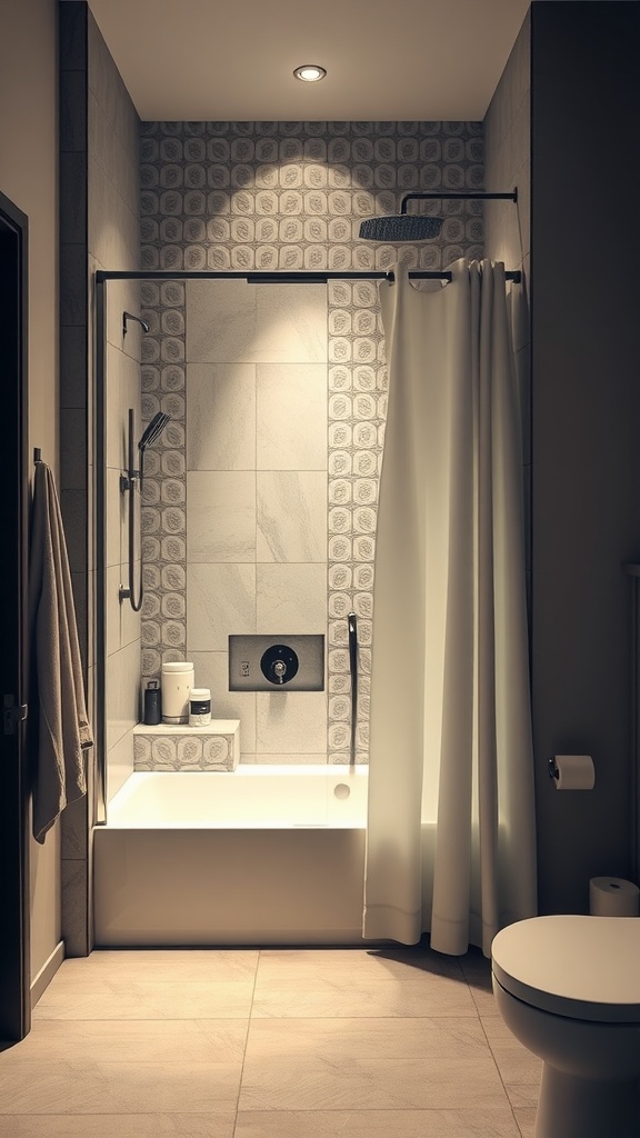 Modern bathroom featuring a sleek shower area with a bathtub, clear glass partition, and stylish tile design.