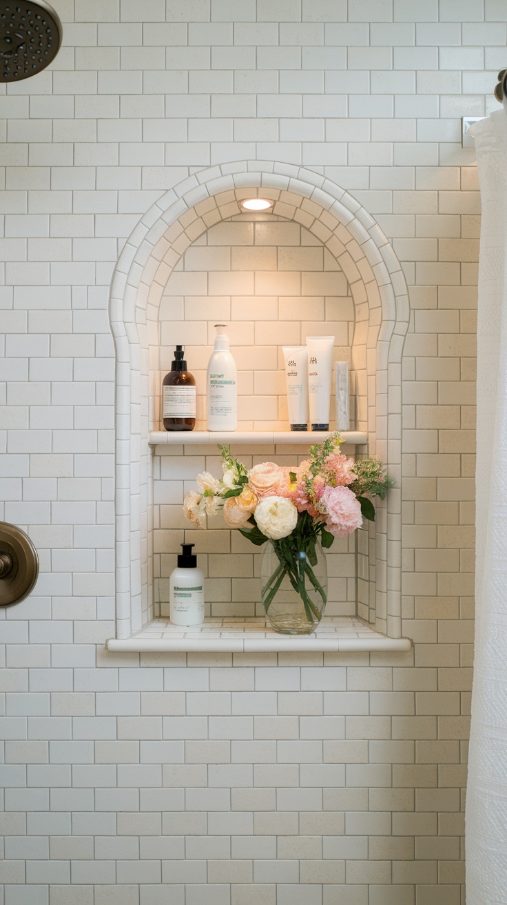 A stylish shower niche with a marble tile design, showcasing various shower products and a small vase of flowers.