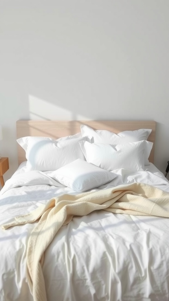 A cozy bed with white bedding and a beige throw blanket, creating a minimalist bedroom design.