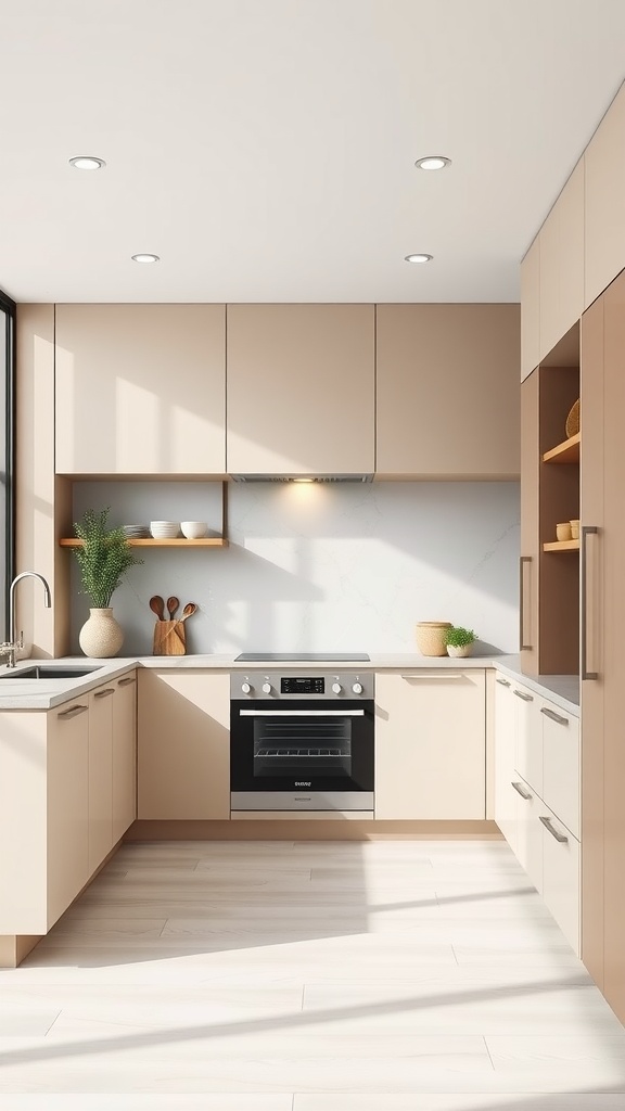 A modern kitchen with sleek minimalist cabinetry, featuring handleless cabinets and a clean aesthetic.