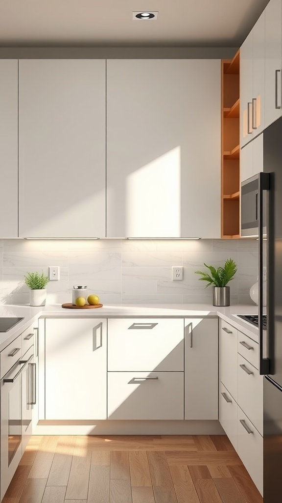 Modern kitchen with handleless cabinets and smart storage solutions